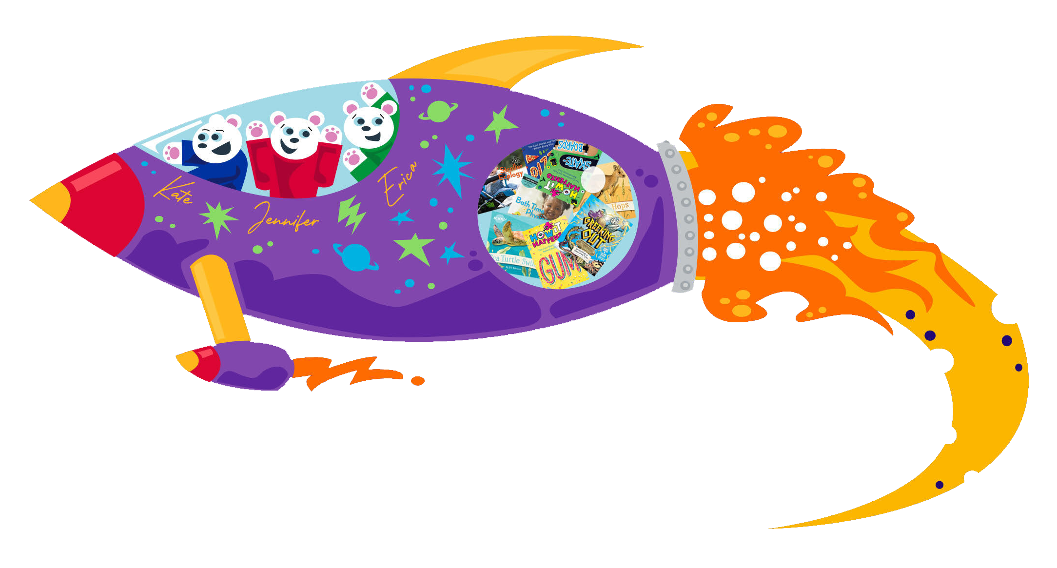 A rocket ship loaded with children's books goes blasting off to space. In its cockpit are three bears, Kate, Jennifer, and Erica.